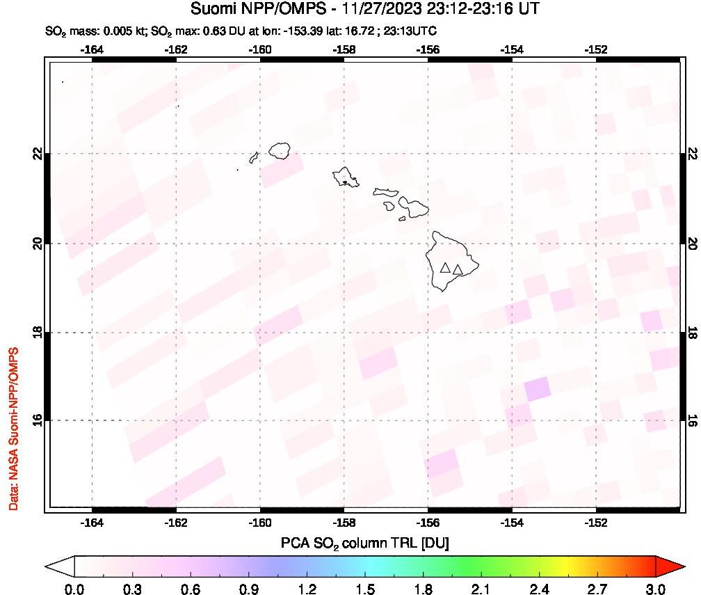 A sulfur dioxide image over Hawaii, USA on Nov 27, 2023.