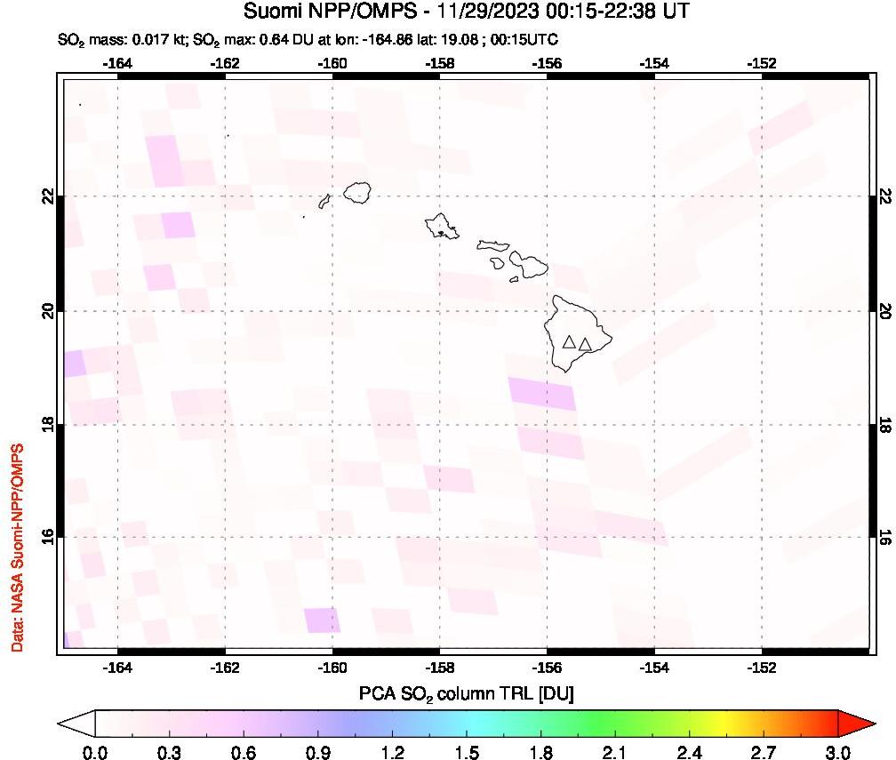 A sulfur dioxide image over Hawaii, USA on Nov 29, 2023.