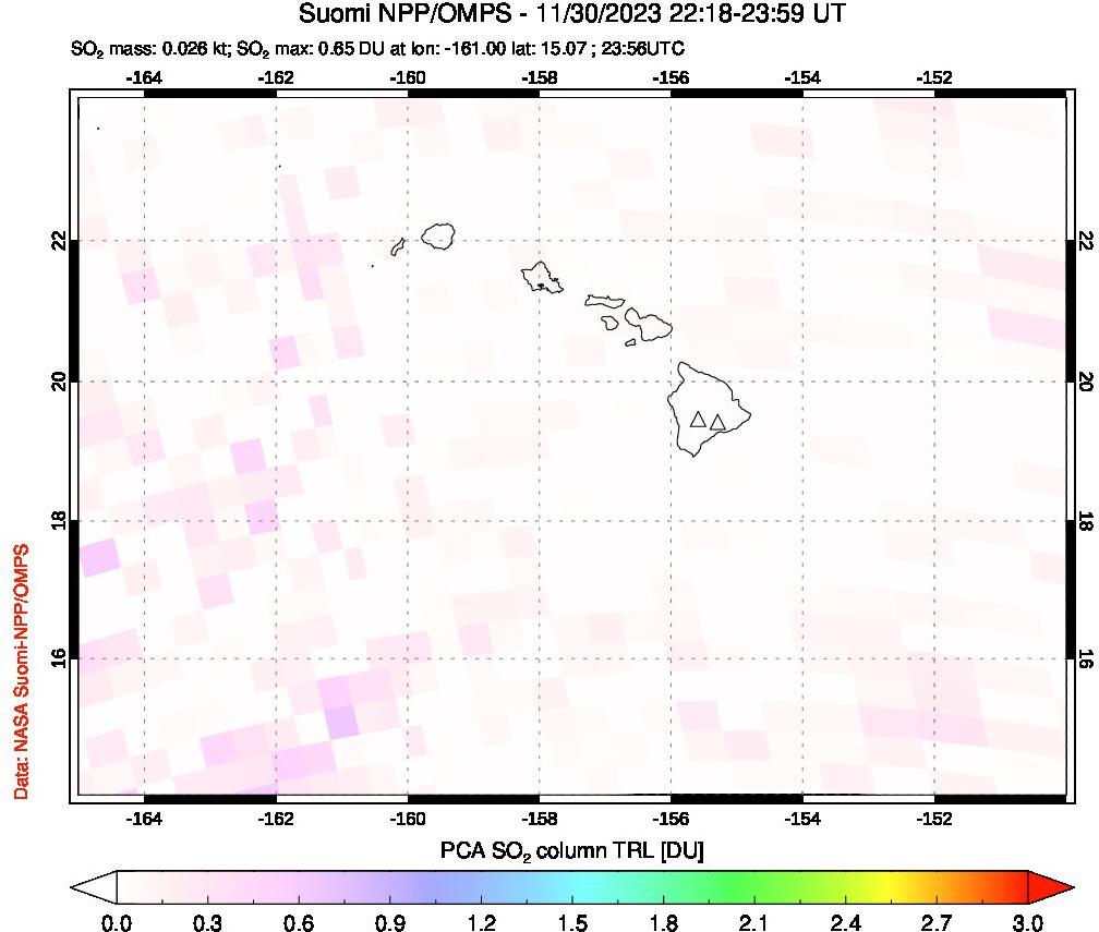 A sulfur dioxide image over Hawaii, USA on Nov 30, 2023.