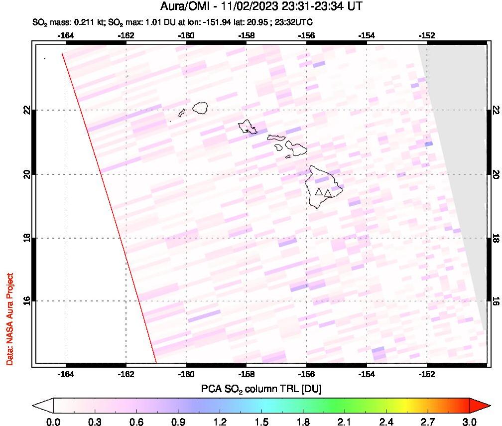 A sulfur dioxide image over Hawaii, USA on Nov 02, 2023.