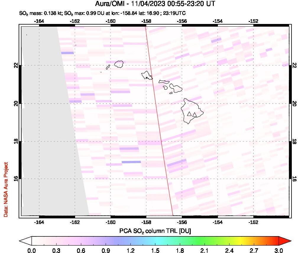 A sulfur dioxide image over Hawaii, USA on Nov 04, 2023.