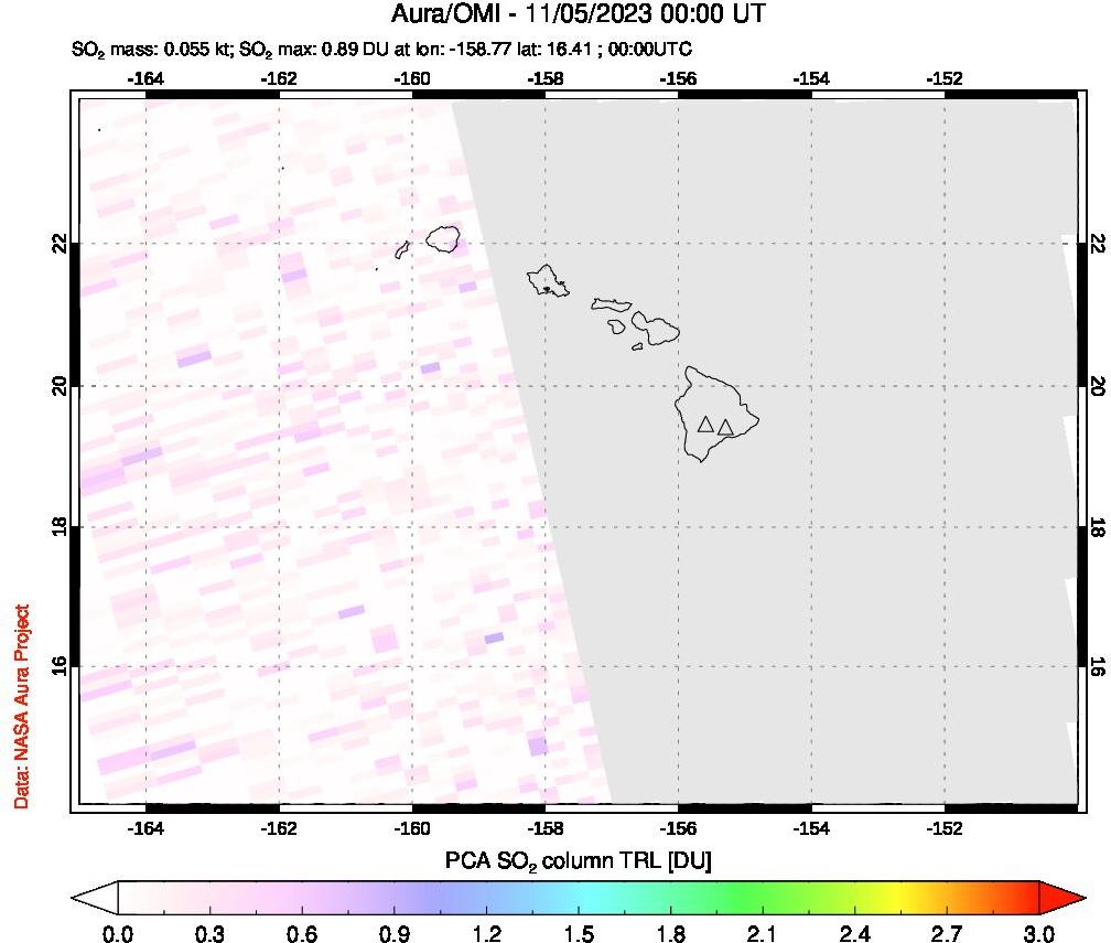 A sulfur dioxide image over Hawaii, USA on Nov 05, 2023.