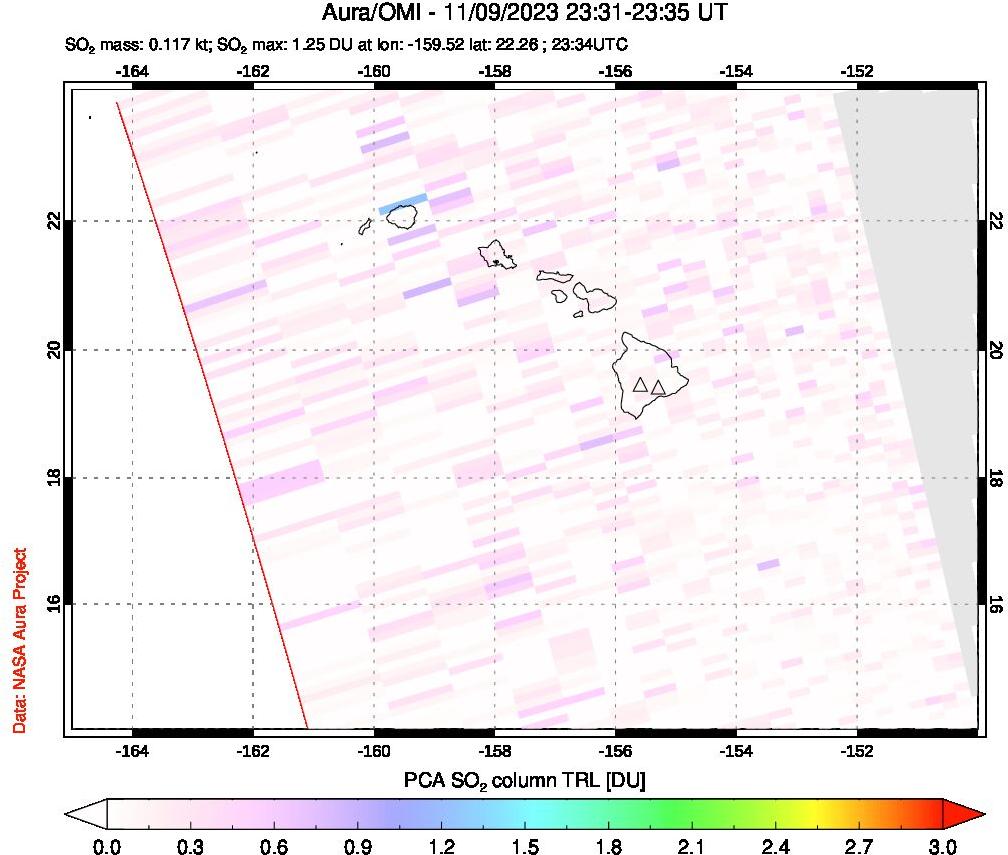 A sulfur dioxide image over Hawaii, USA on Nov 09, 2023.