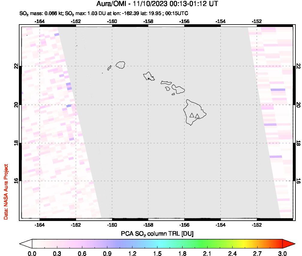 A sulfur dioxide image over Hawaii, USA on Nov 10, 2023.