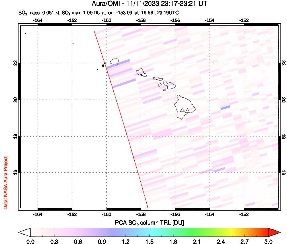 A sulfur dioxide image over Hawaii, USA on Nov 11, 2023.