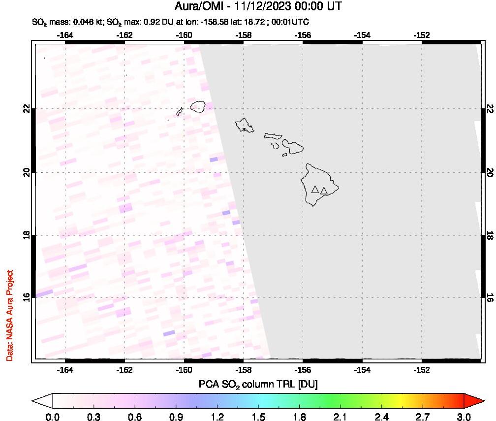 A sulfur dioxide image over Hawaii, USA on Nov 12, 2023.