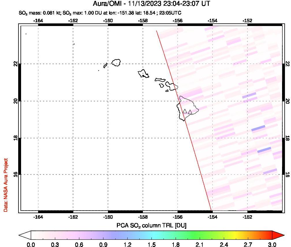 A sulfur dioxide image over Hawaii, USA on Nov 13, 2023.