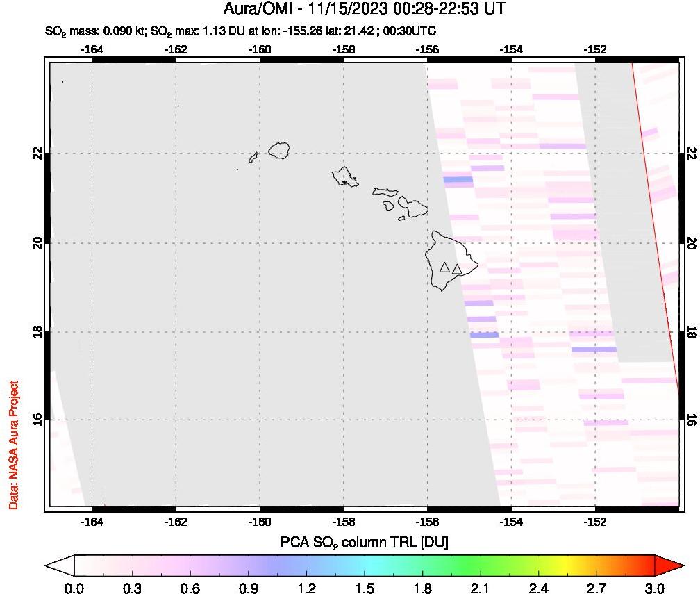 A sulfur dioxide image over Hawaii, USA on Nov 15, 2023.