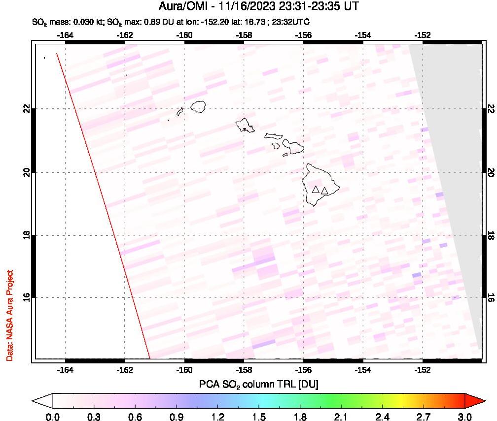 A sulfur dioxide image over Hawaii, USA on Nov 16, 2023.