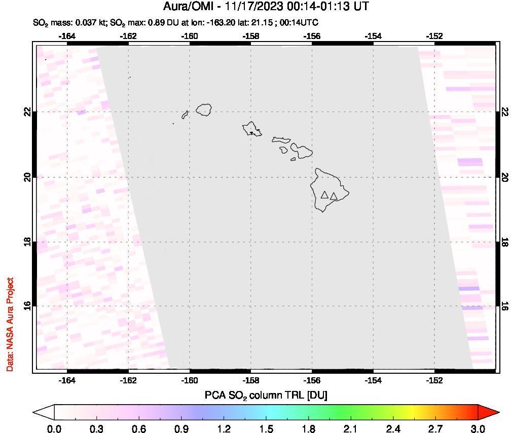 A sulfur dioxide image over Hawaii, USA on Nov 17, 2023.