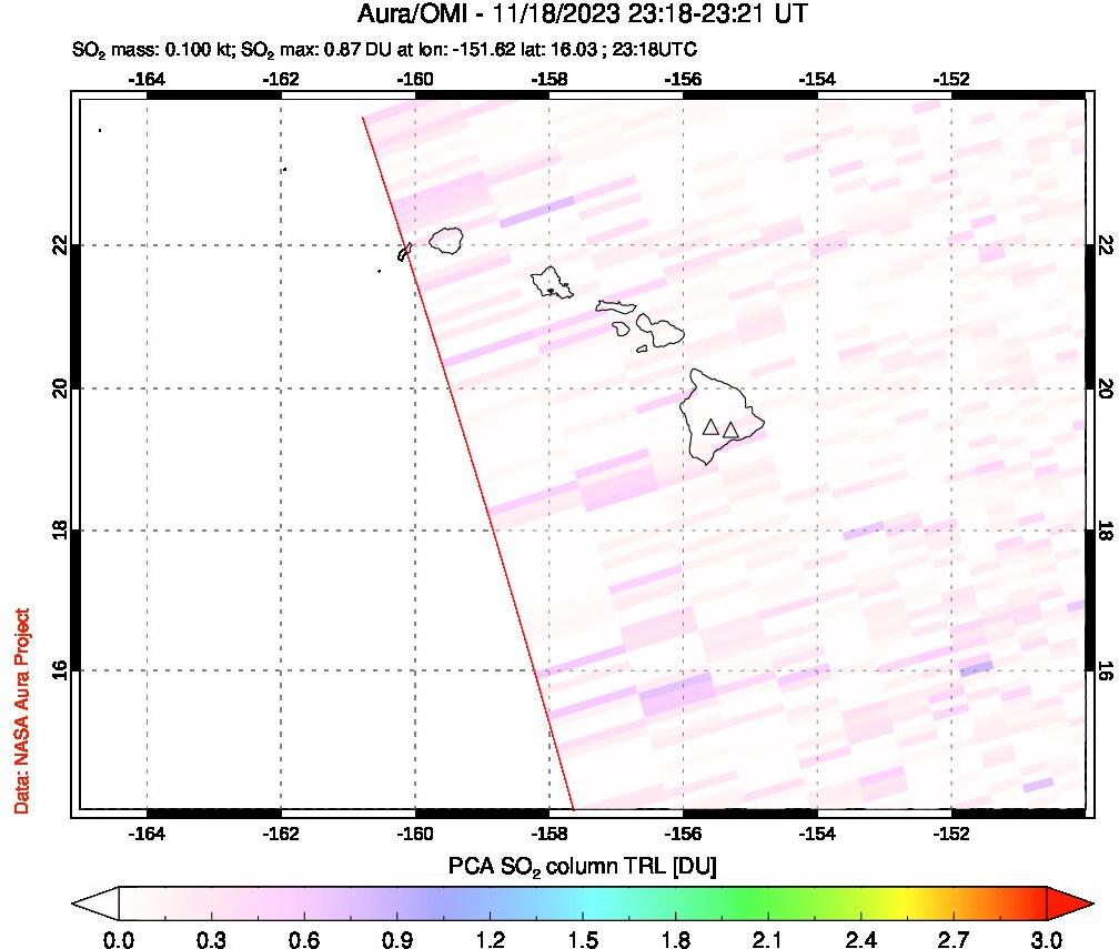 A sulfur dioxide image over Hawaii, USA on Nov 18, 2023.