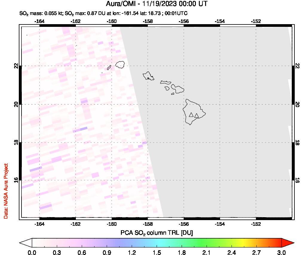 A sulfur dioxide image over Hawaii, USA on Nov 19, 2023.