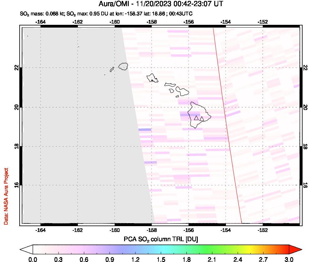 A sulfur dioxide image over Hawaii, USA on Nov 20, 2023.