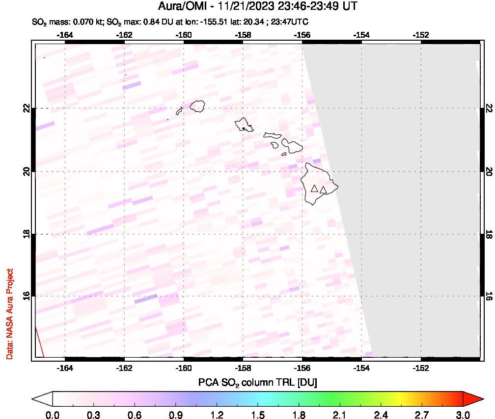 A sulfur dioxide image over Hawaii, USA on Nov 21, 2023.