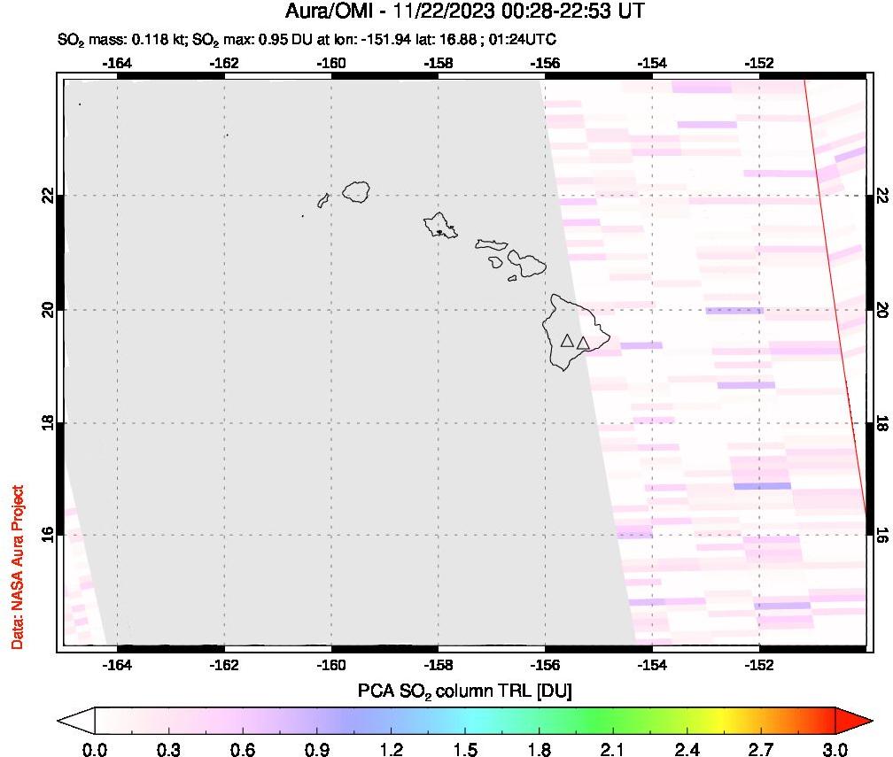 A sulfur dioxide image over Hawaii, USA on Nov 22, 2023.