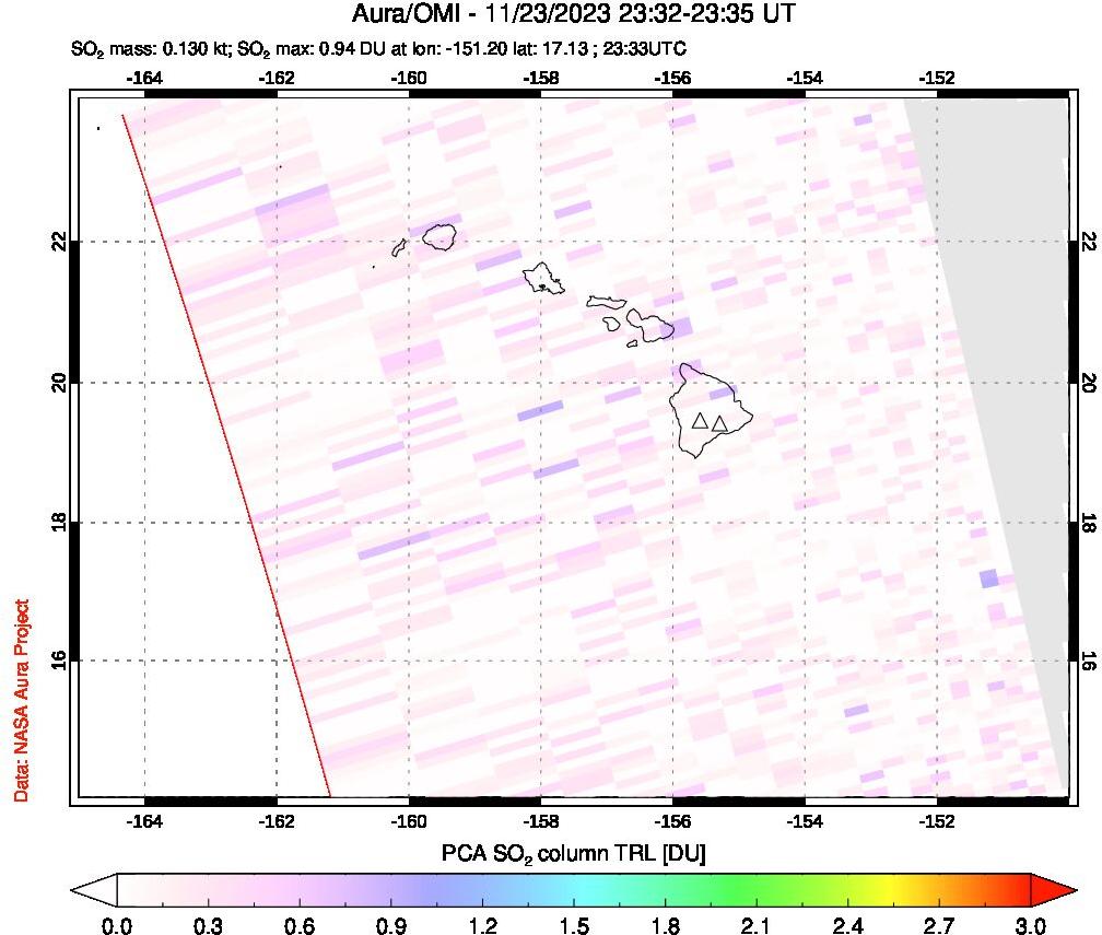 A sulfur dioxide image over Hawaii, USA on Nov 23, 2023.