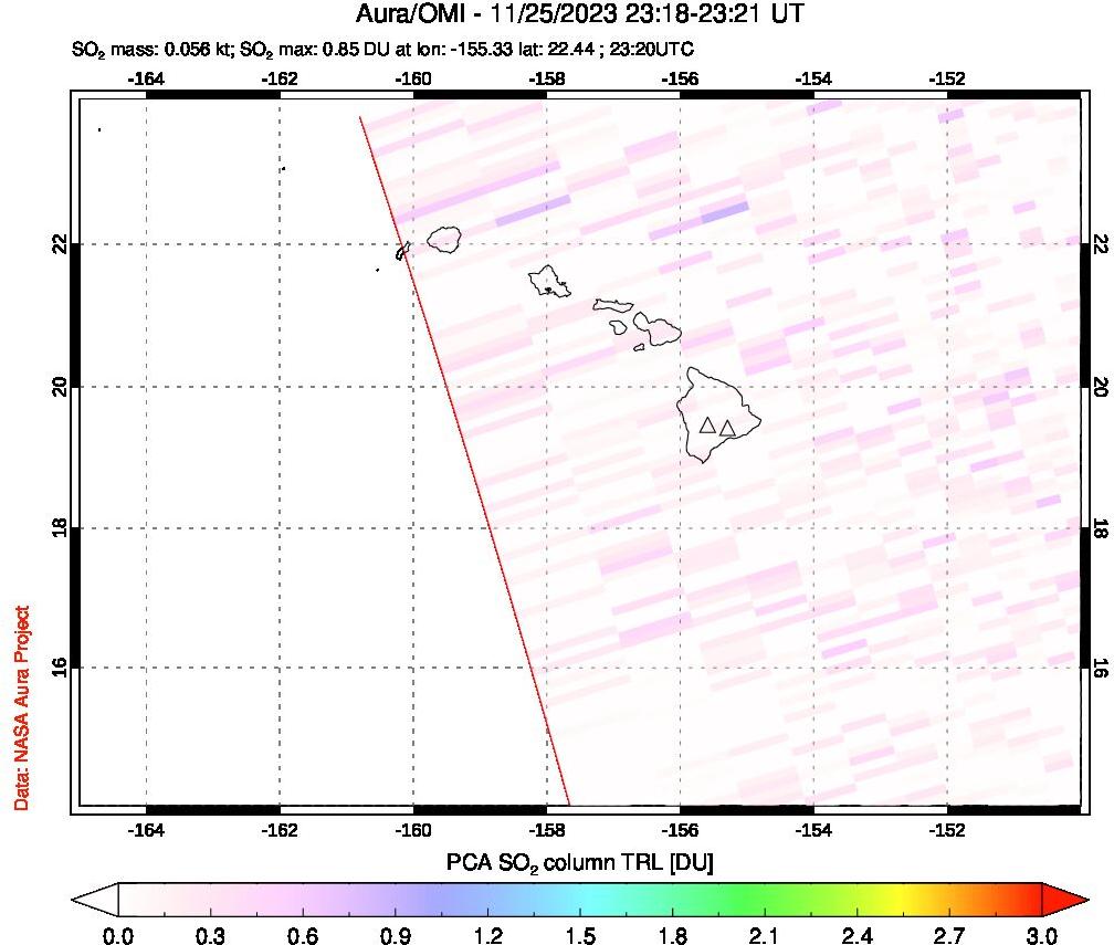 A sulfur dioxide image over Hawaii, USA on Nov 25, 2023.