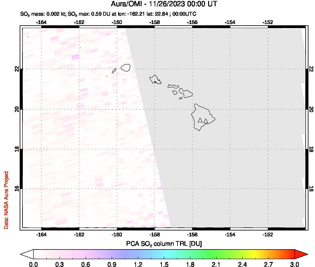 A sulfur dioxide image over Hawaii, USA on Nov 26, 2023.