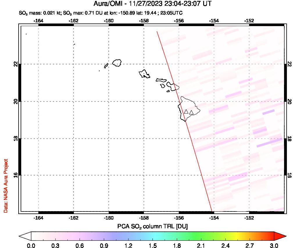 A sulfur dioxide image over Hawaii, USA on Nov 27, 2023.