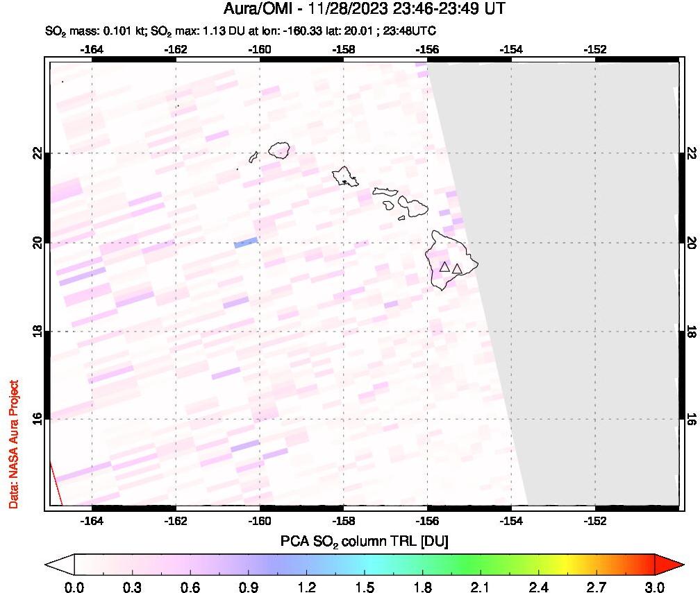 A sulfur dioxide image over Hawaii, USA on Nov 28, 2023.