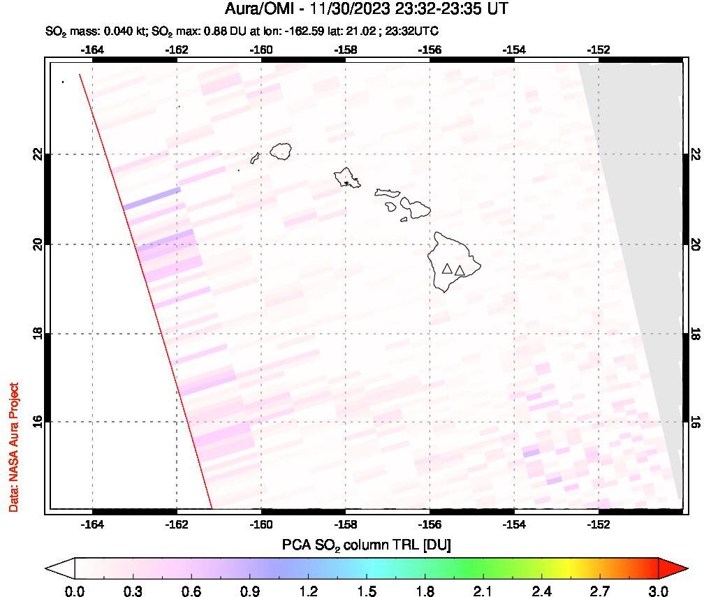 A sulfur dioxide image over Hawaii, USA on Nov 30, 2023.