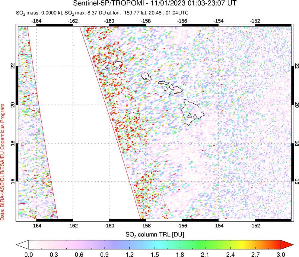 A sulfur dioxide image over Hawaii, USA on Nov 01, 2023.