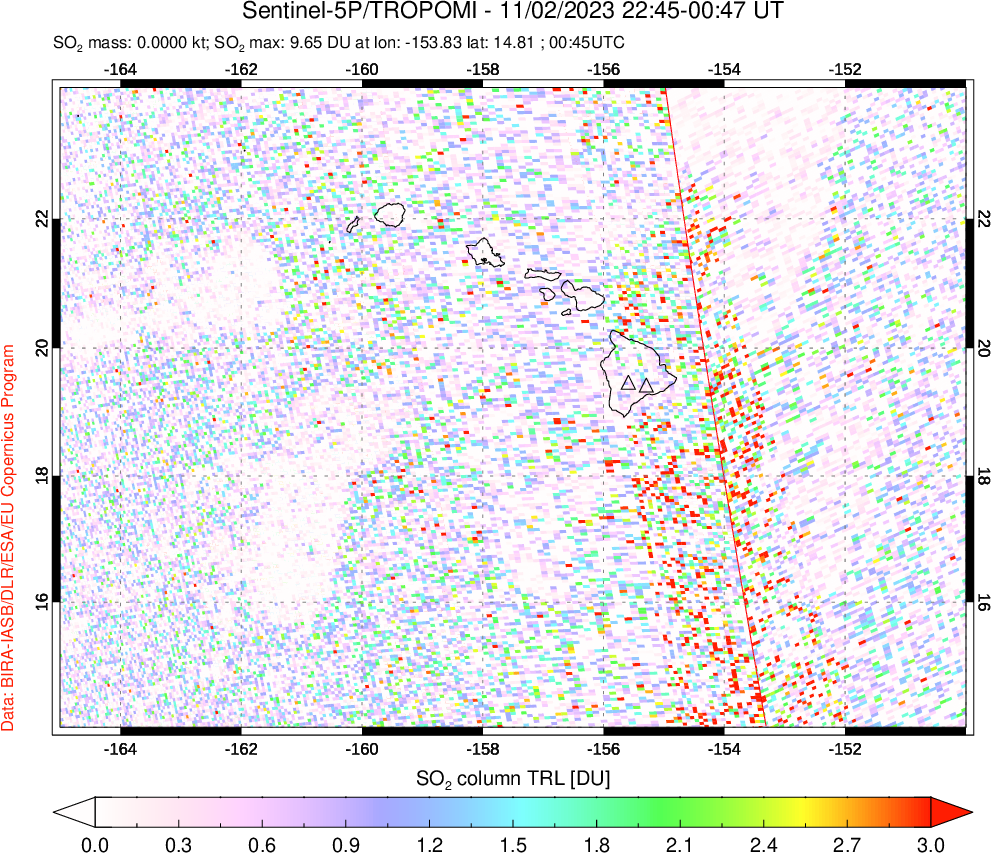 A sulfur dioxide image over Hawaii, USA on Nov 02, 2023.