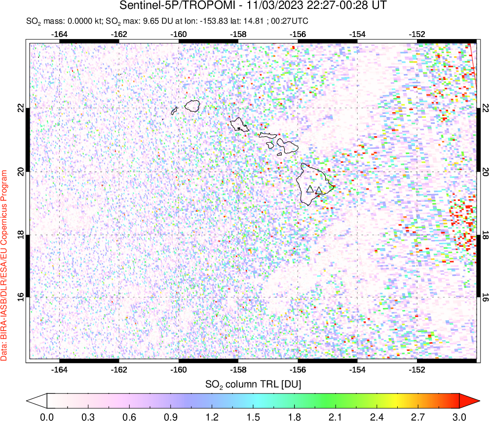 A sulfur dioxide image over Hawaii, USA on Nov 03, 2023.