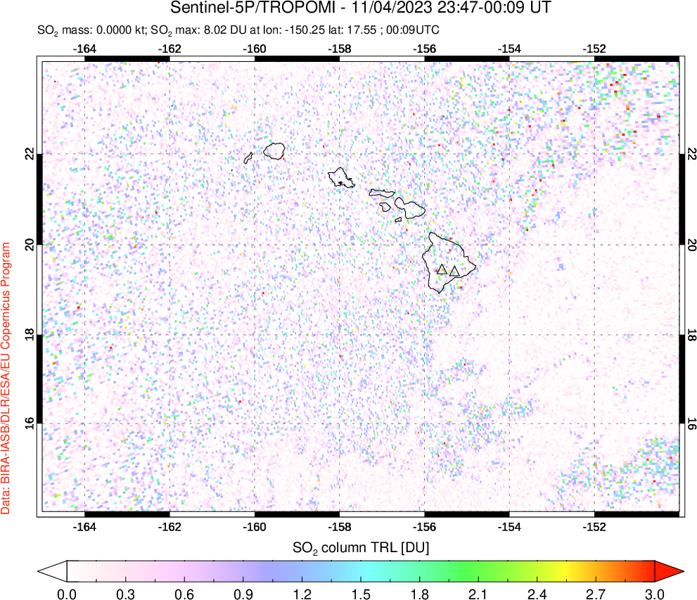 A sulfur dioxide image over Hawaii, USA on Nov 04, 2023.