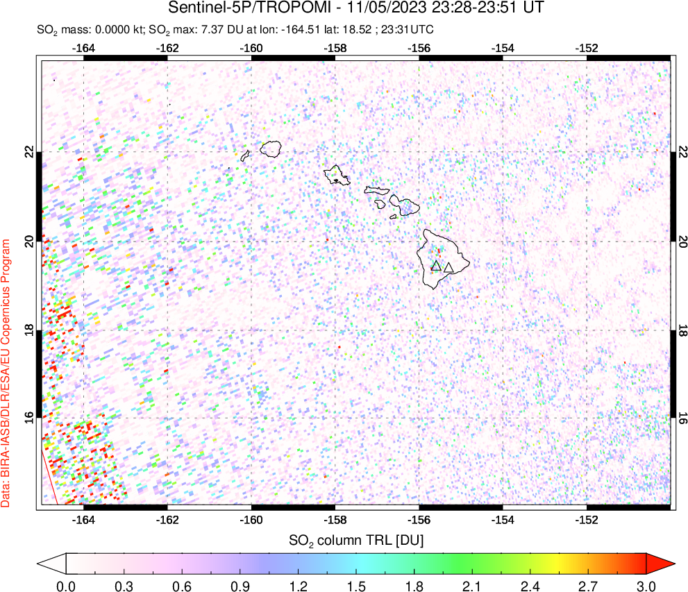 A sulfur dioxide image over Hawaii, USA on Nov 05, 2023.