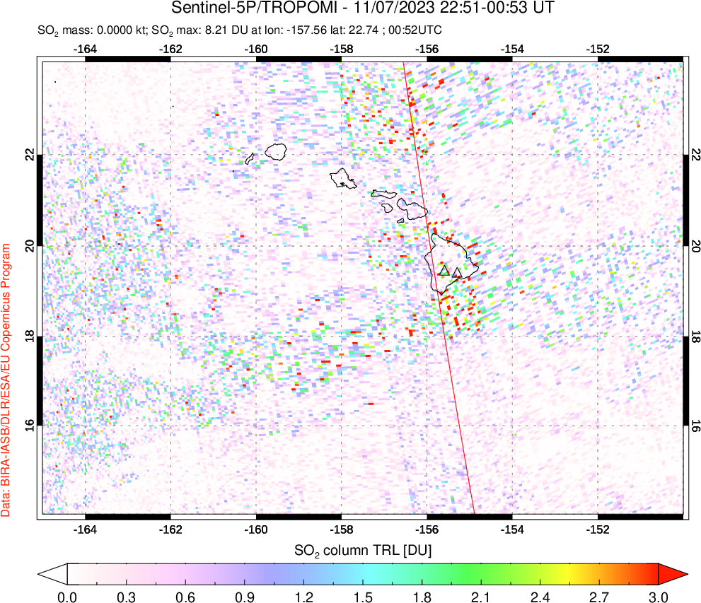 A sulfur dioxide image over Hawaii, USA on Nov 07, 2023.