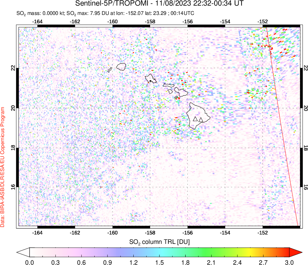 A sulfur dioxide image over Hawaii, USA on Nov 08, 2023.