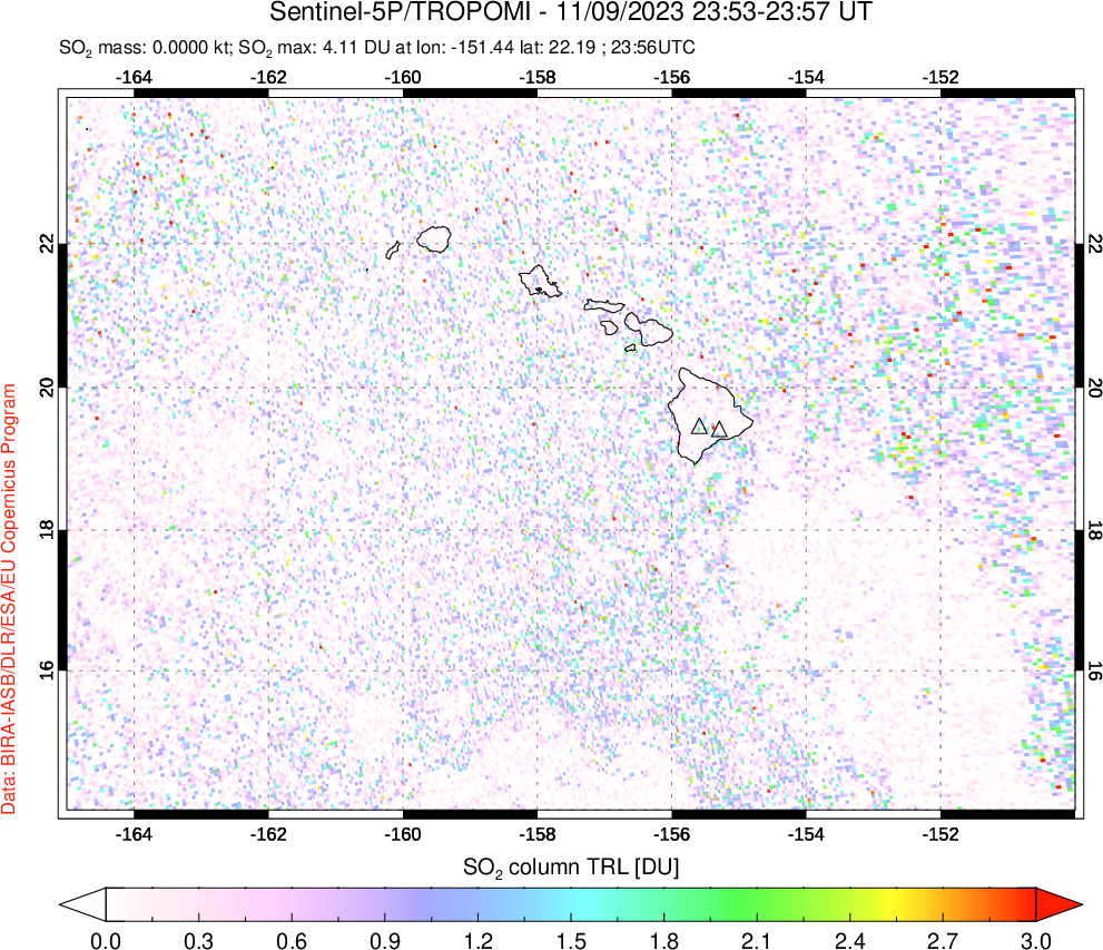 A sulfur dioxide image over Hawaii, USA on Nov 09, 2023.