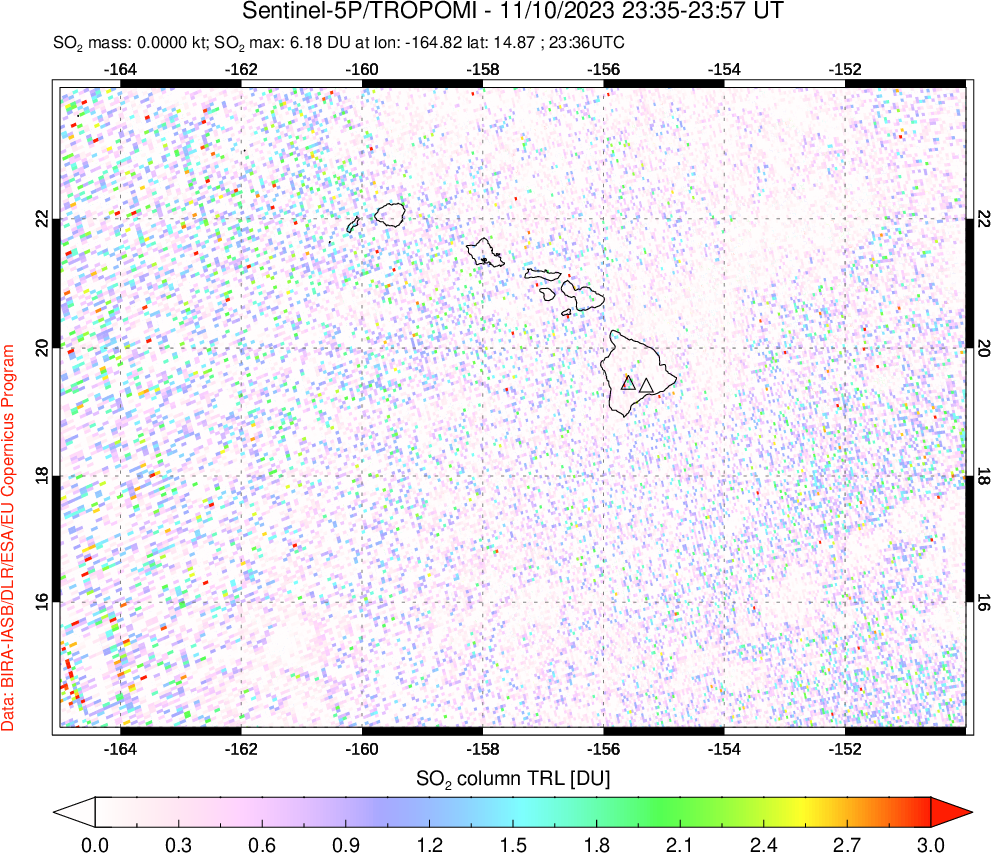 A sulfur dioxide image over Hawaii, USA on Nov 10, 2023.