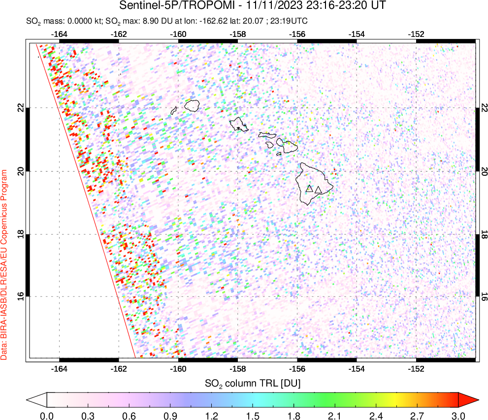 A sulfur dioxide image over Hawaii, USA on Nov 11, 2023.