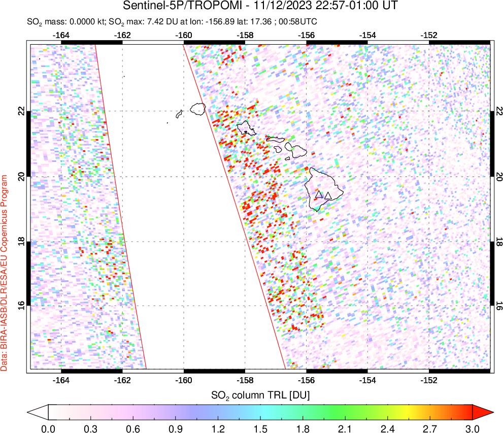 A sulfur dioxide image over Hawaii, USA on Nov 12, 2023.