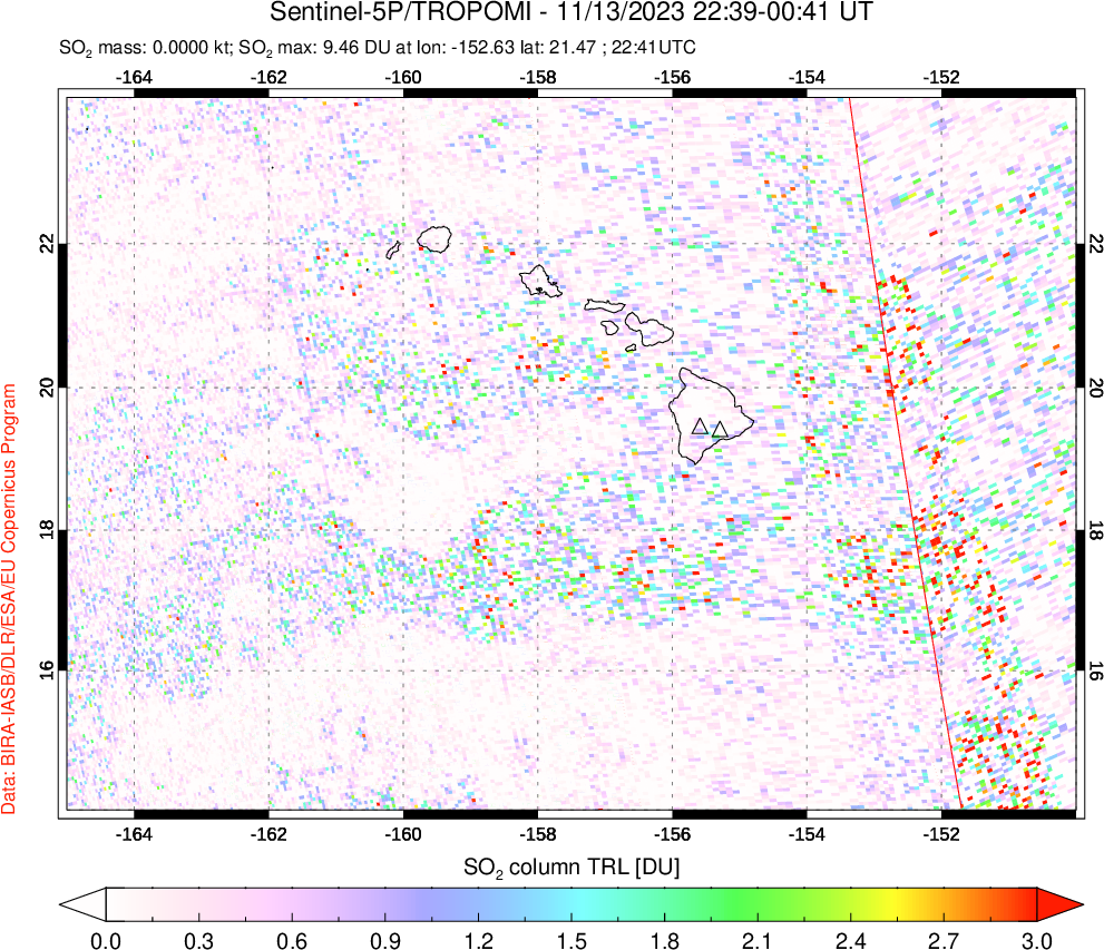 A sulfur dioxide image over Hawaii, USA on Nov 13, 2023.