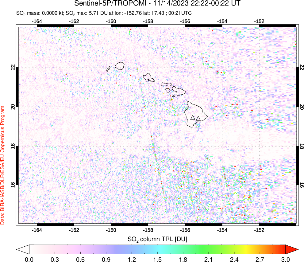 A sulfur dioxide image over Hawaii, USA on Nov 14, 2023.