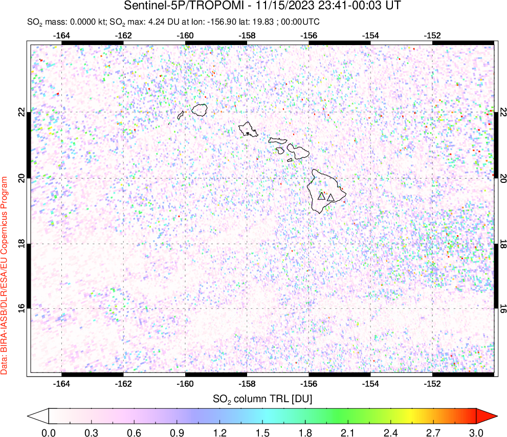 A sulfur dioxide image over Hawaii, USA on Nov 15, 2023.