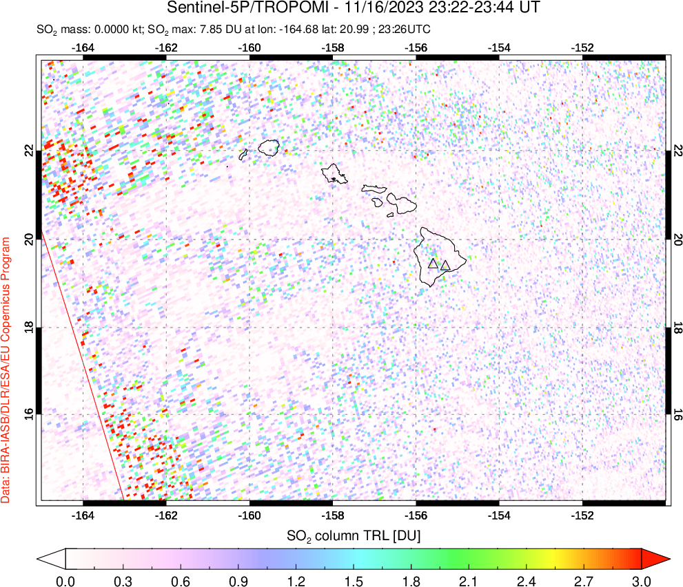 A sulfur dioxide image over Hawaii, USA on Nov 16, 2023.