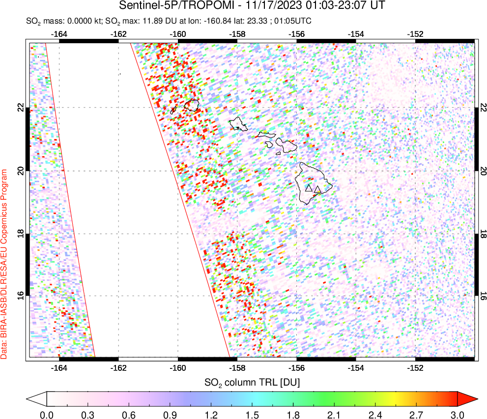 A sulfur dioxide image over Hawaii, USA on Nov 17, 2023.