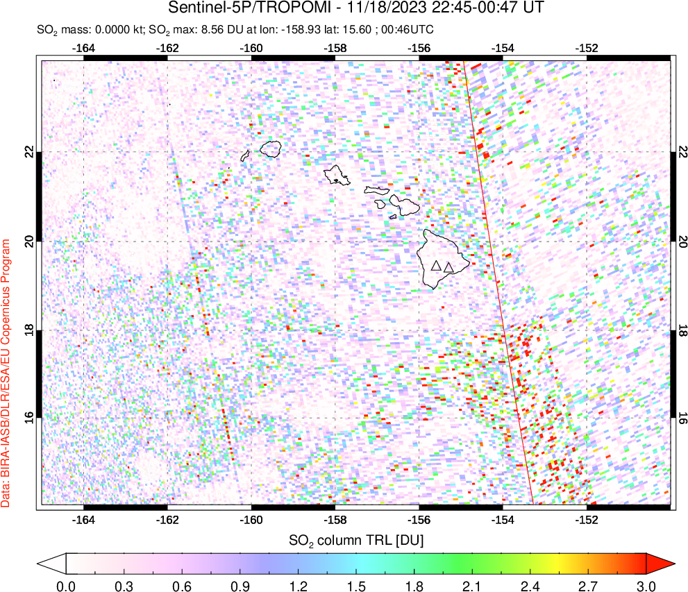 A sulfur dioxide image over Hawaii, USA on Nov 18, 2023.