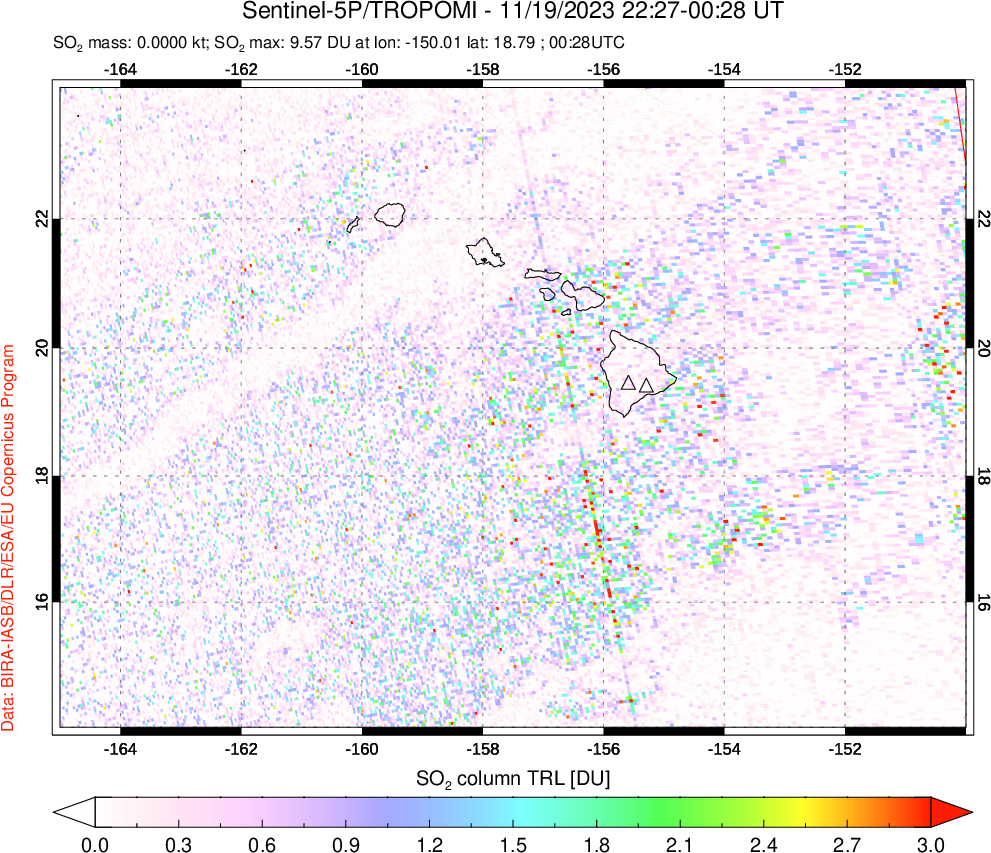 A sulfur dioxide image over Hawaii, USA on Nov 19, 2023.