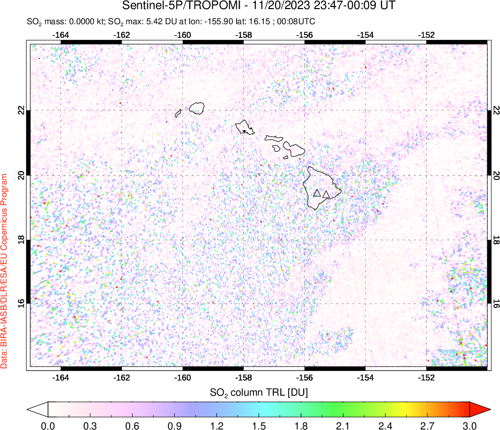 A sulfur dioxide image over Hawaii, USA on Nov 20, 2023.