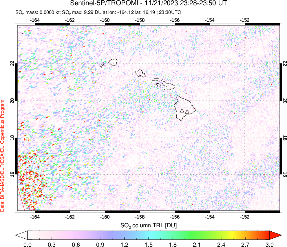 A sulfur dioxide image over Hawaii, USA on Nov 21, 2023.