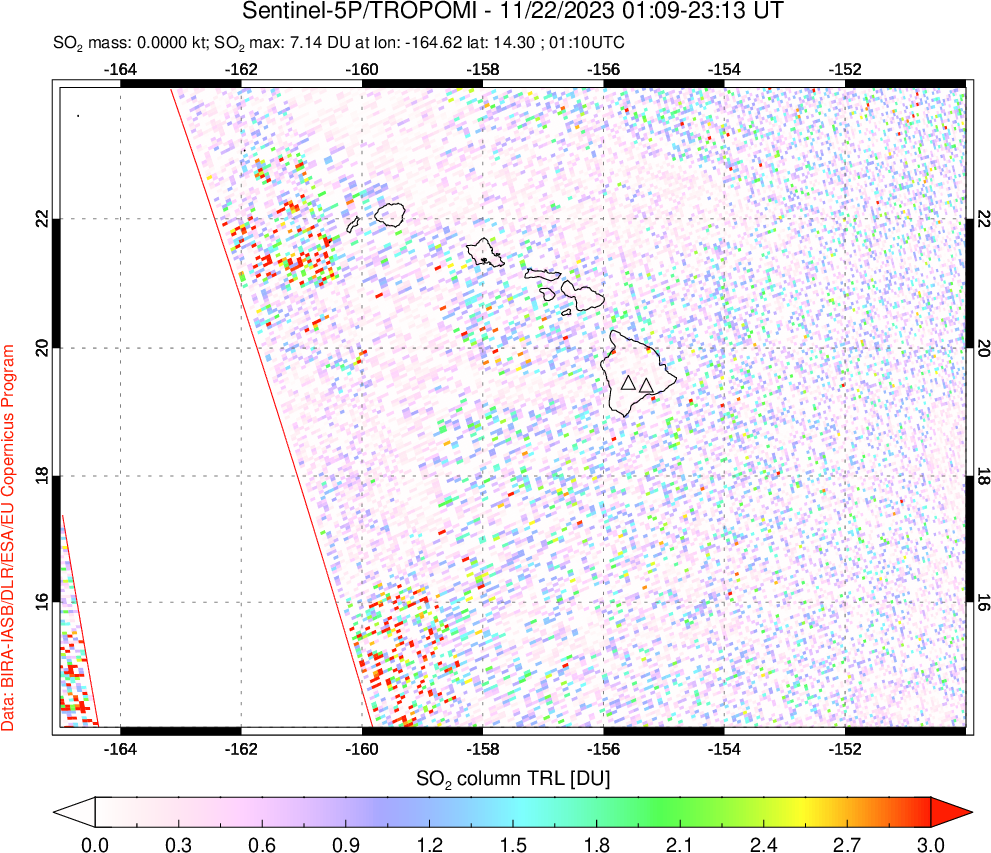 A sulfur dioxide image over Hawaii, USA on Nov 22, 2023.