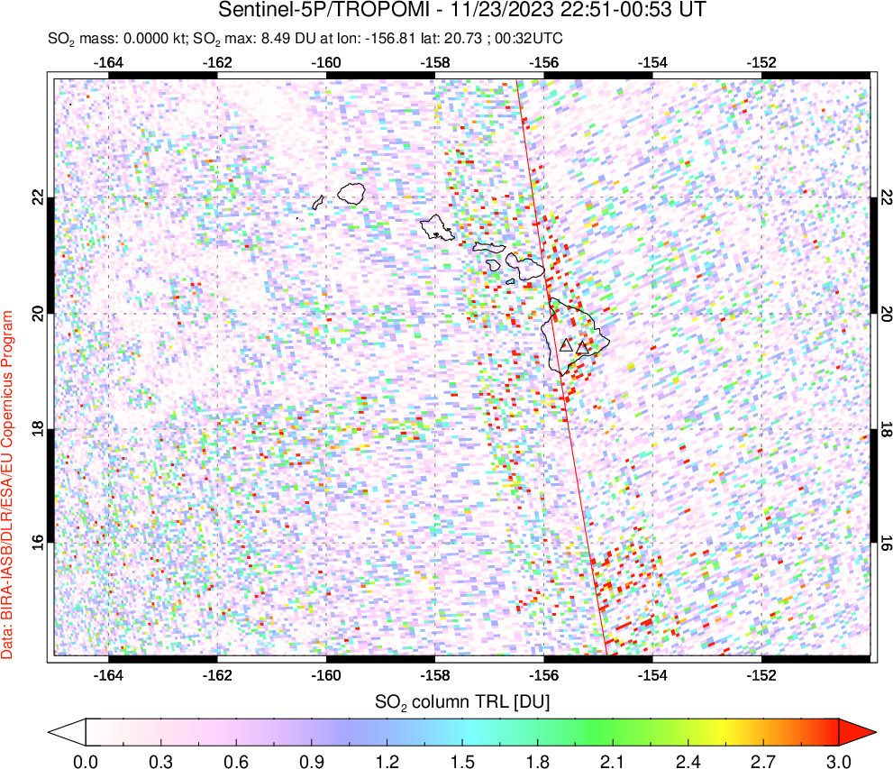 A sulfur dioxide image over Hawaii, USA on Nov 23, 2023.