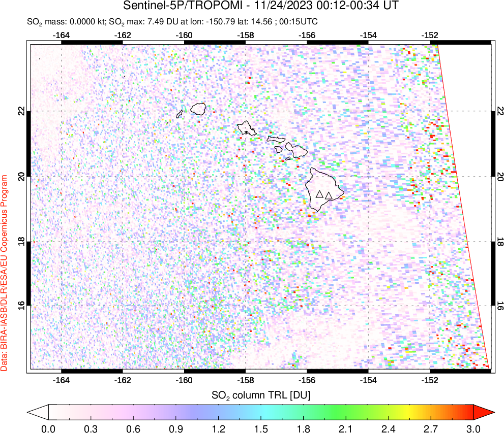 A sulfur dioxide image over Hawaii, USA on Nov 24, 2023.