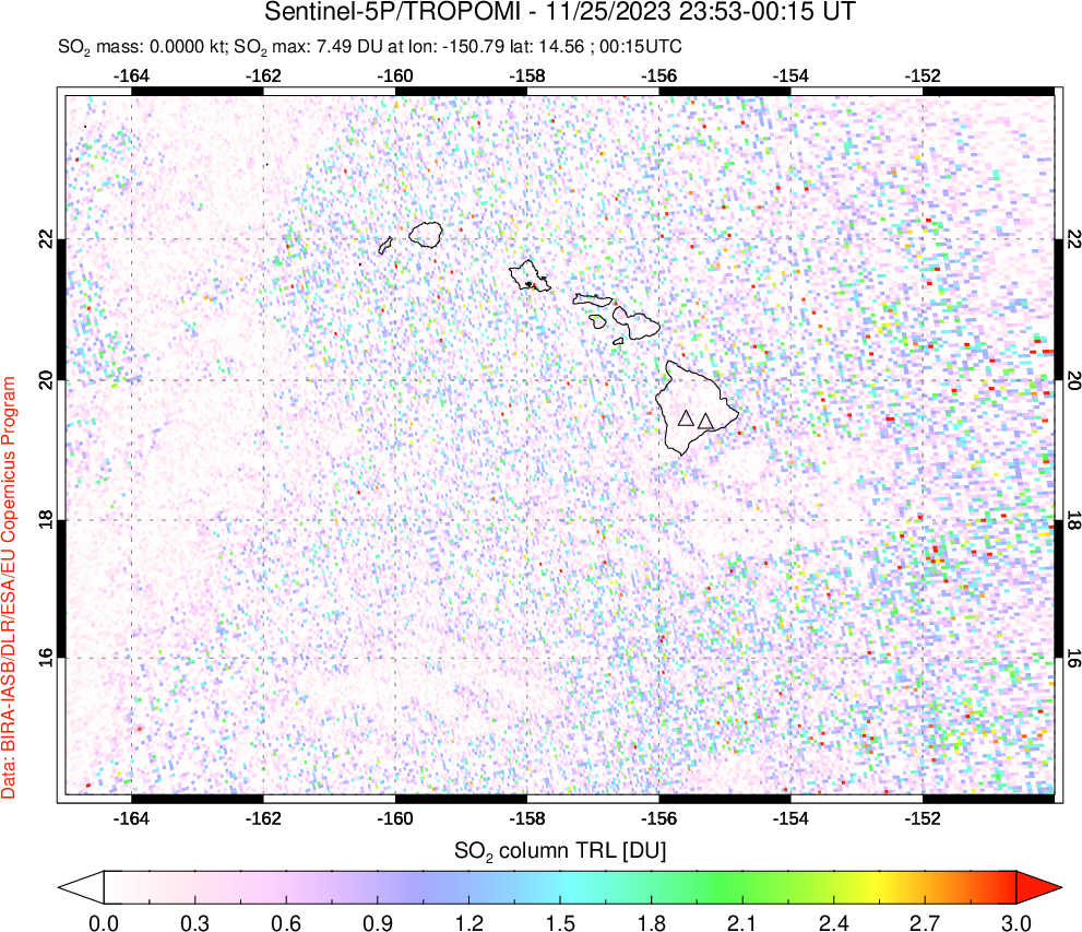 A sulfur dioxide image over Hawaii, USA on Nov 25, 2023.