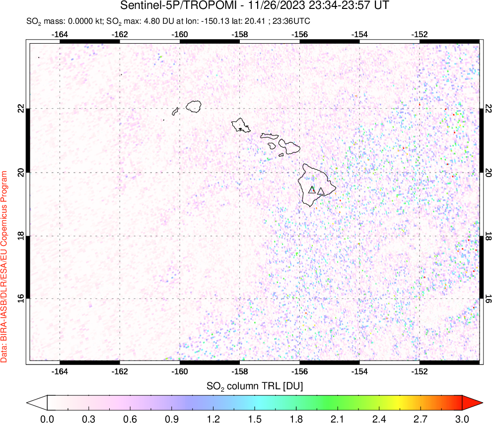 A sulfur dioxide image over Hawaii, USA on Nov 26, 2023.